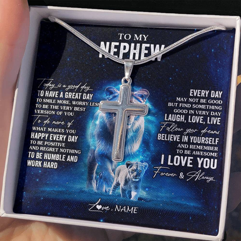 Stainless Cross Necklace Stainless Steel | 2 | Personalized To My Nephew Lion Necklace From Aunt Auntie Today Is A Good Day Nephew Gifts Birthday Graduation Christmas Customized Gift Box Message Card | teecentury