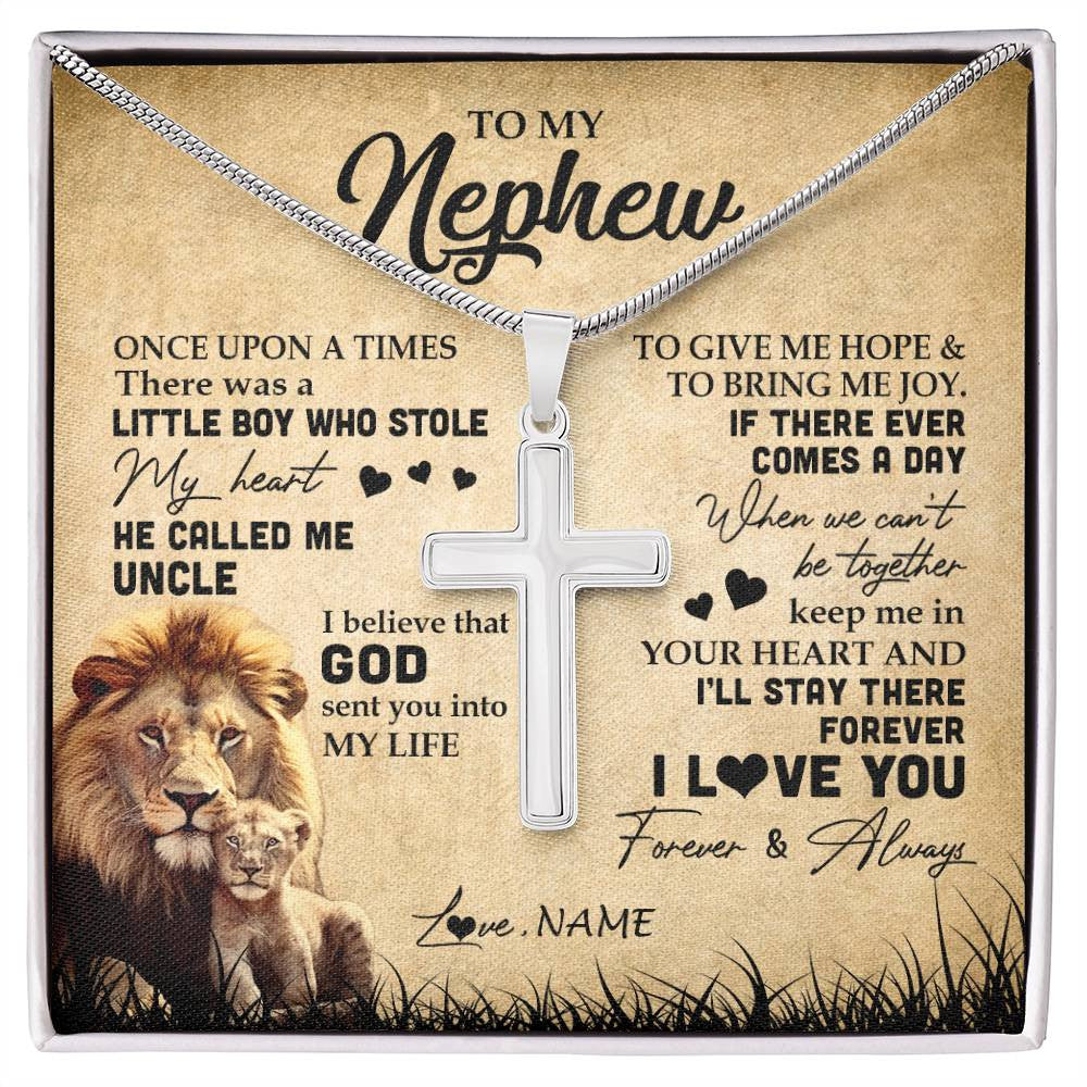 Stainless Cross Necklace | Personalized To My Nephew Lion Necklace From Uncle I'll Stay There Forever Nephew Birthday Graduation Christmas Customized Gift Box Message Card | teecentury
