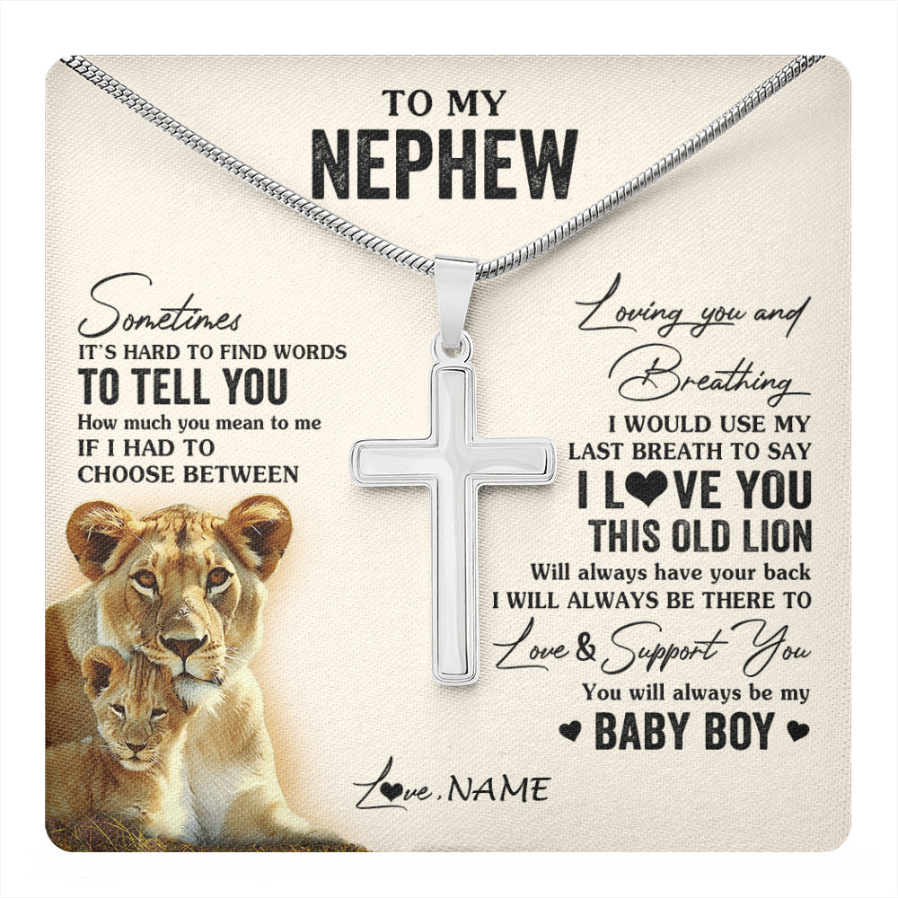 Stainless Cross Necklace Stainless Steel | 1 | Personalized To My Nephew Necklace From Aunt Auntie I Love You This Old Lion Nephew Birthday Graduation Christmas Customized Gift Box Message Card | teecentury