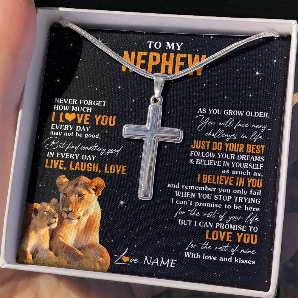 Stainless Cross Necklace Stainless Steel | 2 | Personalized To My Nephew Necklace From Aunt Auntie Live Laugh Love Lion Nephew Birthday Gifts Positive Graduation Christmas Customized Gift Box Message Card | teecentury