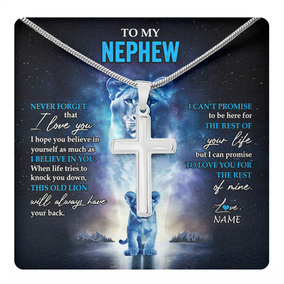 Stainless Cross Necklace Stainless Steel | 1 | Personalized To My Nephew Necklace From Aunt Auntie Never Forget I Love You Lion Nephew Jewelry Birthday Graduation Christmas Customized Message Card | teecentury