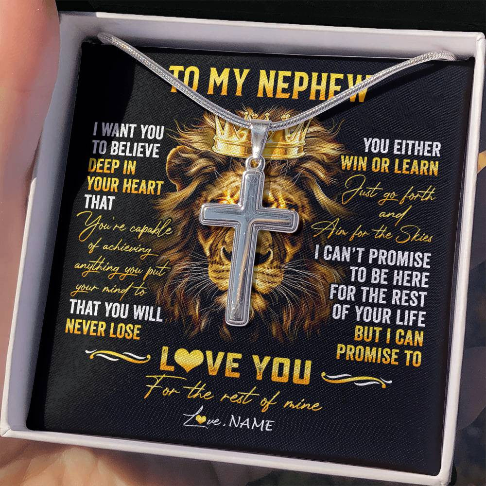 Stainless Cross Necklace Stainless Steel | 2 | Personalized To My Nephew Necklace From Aunt Auntie Uncle You Will Never Lose Lion Nephew Birthday Graduation Christmas Customized Gift Box Message Card | teecentury
