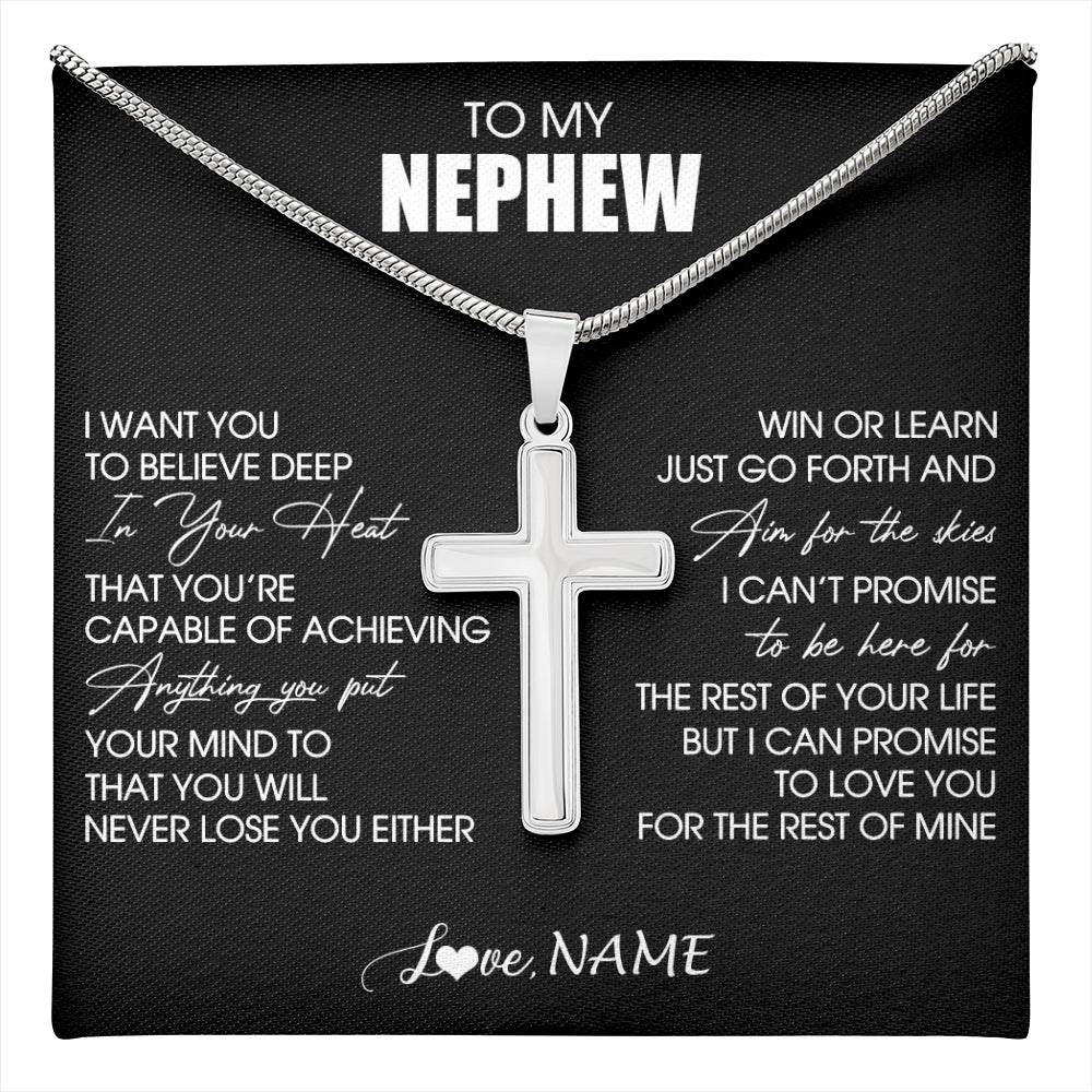 Stainless Cross Necklace Stainless Steel | 1 | Personalized To My Nephew Necklace From Aunt Believe Deep In Your Heart Nephew Birthday Jewelry Gift For Men Christmas Customized Gift Box Message Card | teecentury