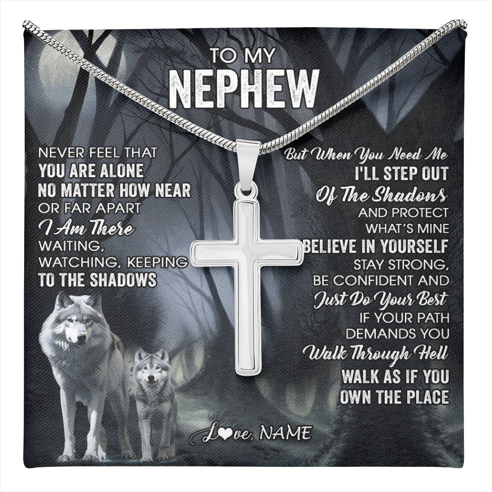 Stainless Cross Necklace Stainless Steel | 1 | Personalized To My Nephew Necklace From Aunt Never Feel That You Are Alone Wolf Nephew Birthday Gifts Graduation Christmas Customized Gift Box Message Card | teecentury