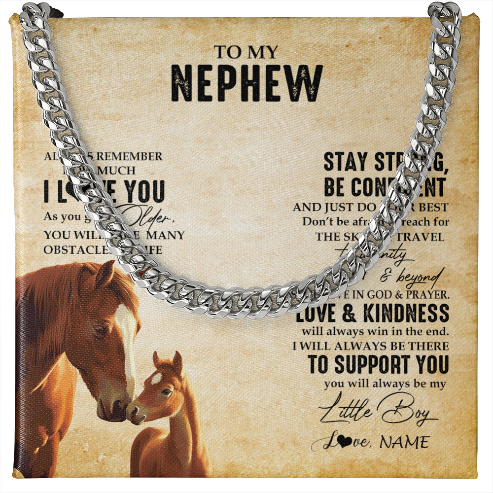 Cuban Link Chain Necklace Stainless Steel | 1 | Personalized To My Nephew Necklace From Aunt Uncle Always Remember I Love You Horse Nephew Birthday Graduation Christmas Customized Gift Box Message Card | teecentury