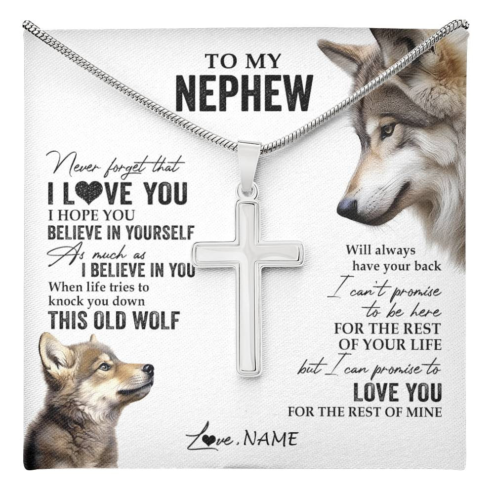 Stainless Cross Necklace Stainless Steel | 1 | Personalized To My Nephew Necklace From Aunt Uncle Auntie This Old Wolf Love You Nephew Birthday Graduation Christmas Customized Gift Box Message Card | teecentury