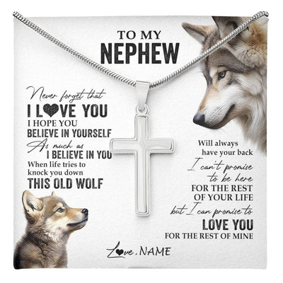 Stainless Cross Necklace Stainless Steel | 1 | Personalized To My Nephew Necklace From Aunt Uncle Auntie This Old Wolf Love You Nephew Birthday Graduation Christmas Customized Gift Box Message Card | teecentury
