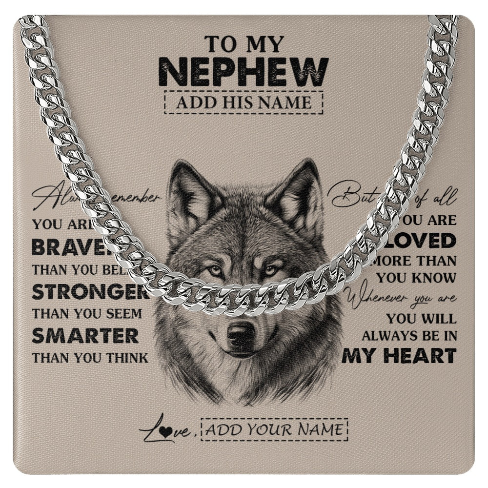 Cuban Link Chain Necklace Stainless Steel | 1 | Personalized To My Nephew Necklace From Aunt Uncle Auntie Wolf Braver Stronger Smarter Nephew Birthday Graduation Christmas Customized Gift Box Message Card | teecentury.myshopify
