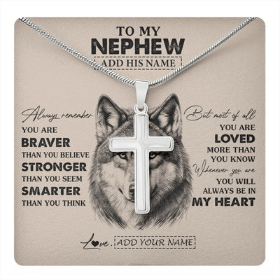 Stainless Cross Necklace Stainless Steel | 1 | Personalized To My Nephew Necklace From Aunt Uncle Auntie Wolf Braver Stronger Smarter Nephew Birthday Graduation Christmas Customized Gift Box Message Card | teecentury.myshopify
