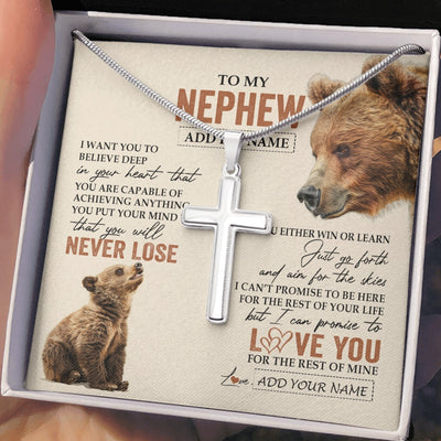 Stainless Cross Necklace Stainless Steel | 2 | Personalized To My Nephew Necklace From Aunt Uncle Auntie You Will Never Lose Bear Nephew Birthday Gifts Graduation Christmas Customized Gift Box Message Card | teecentury.myshopify