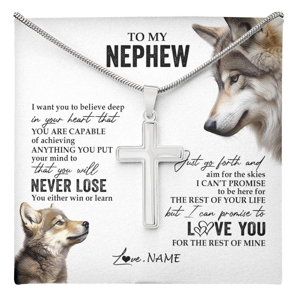 Stainless Cross Necklace Stainless Steel | 1 | Personalized To My Nephew Necklace From Aunt Uncle Auntie You Will Never Lose Wolf Nephew Birthday Graduation Christmas Customized Gift Box Message Card | teecentury
