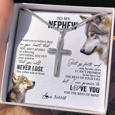 Stainless Cross Necklace Stainless Steel | 2 | Personalized To My Nephew Necklace From Aunt Uncle Auntie You Will Never Lose Wolf Nephew Birthday Graduation Christmas Customized Gift Box Message Card | teecentury