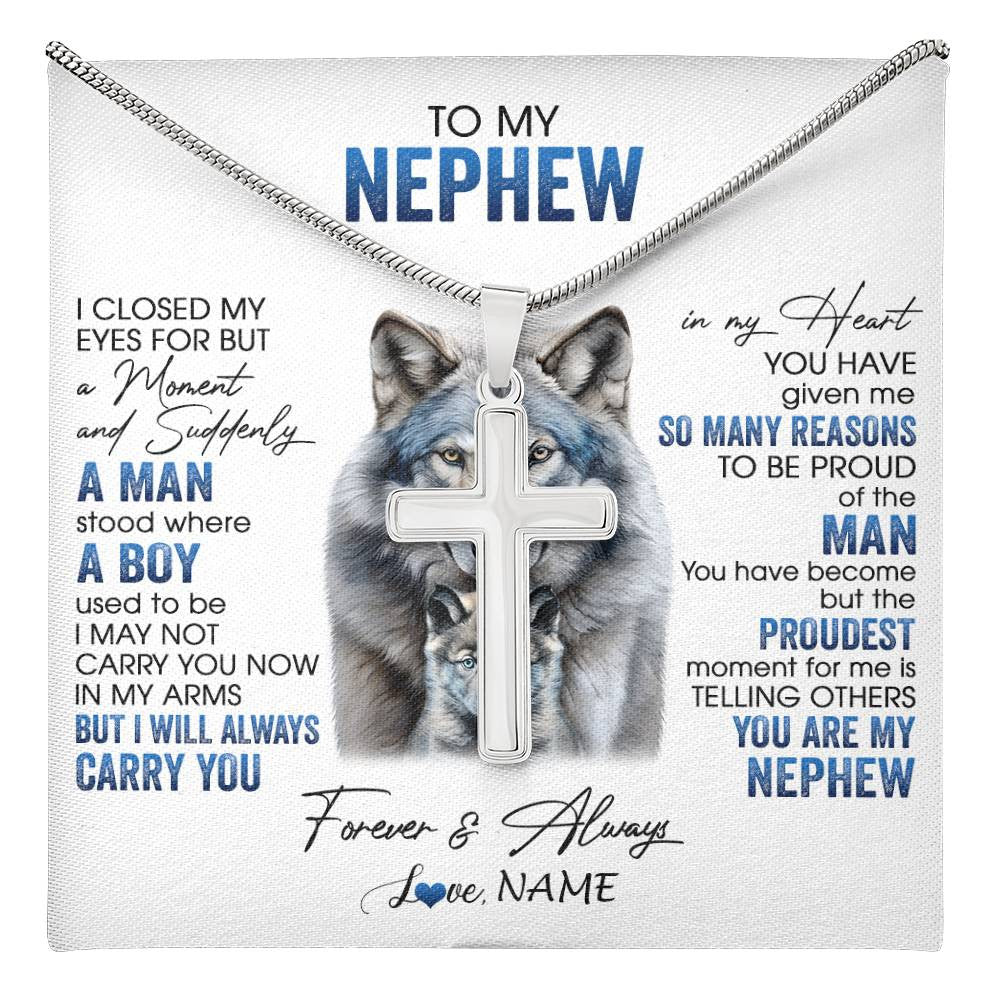 Stainless Cross Necklace Stainless Steel | 1 | Personalized To My Nephew Necklace From Aunt Uncle I Close My Eyes For But A Moment Wolf Nephew Birthday Gifts Christmas Customized Gift Box Message Card | teecentury