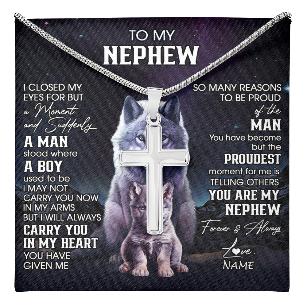 Stainless Cross Necklace Stainless Steel | 1 | Personalized To My Nephew Necklace From Aunt Uncle I Close My Eyes Wolf Nephew Birthday Gifts Graduation Christmas Customized Gift Box Message Card | teecentury