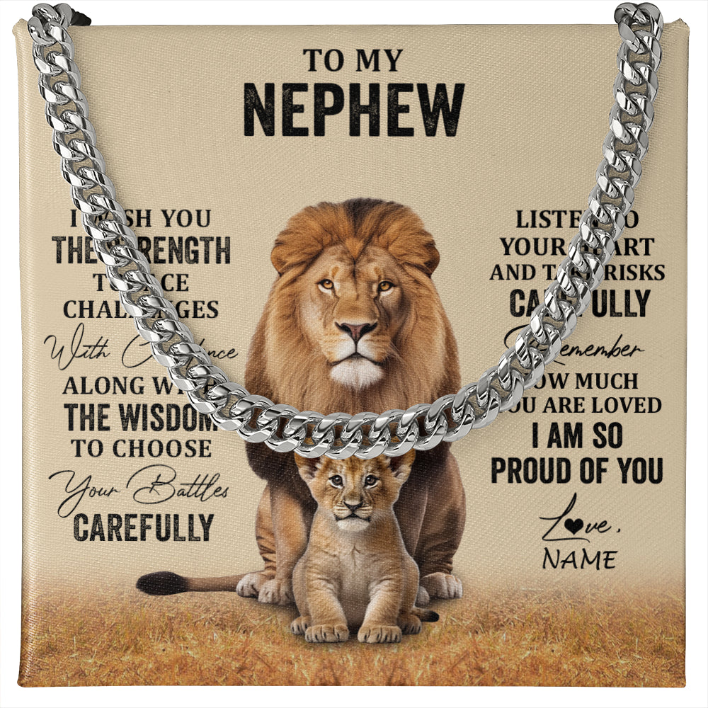Cuban Link Chain Necklace Stainless Steel | 1 | Personalized To My Nephew Necklace From Aunt Uncle I Wish You The Strength Lion Nephew Birthday Gifts Graduation Christmas Customized Gift Box Message Card | teecentury