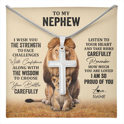 Stainless Cross Necklace Stainless Steel | 1 | Personalized To My Nephew Necklace From Aunt Uncle I Wish You The Strength Lion Nephew Birthday Gifts Graduation Christmas Customized Gift Box Message Card | teecentury