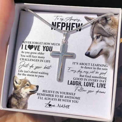 Stainless Cross Necklace Stainless Steel | 2 | Personalized To My Nephew Necklace From Aunt Uncle Just Do You Best Laugh Love Live Wolf Nephew Birthday Graduation Christmas Customized Gift Box Message Card | teecentury
