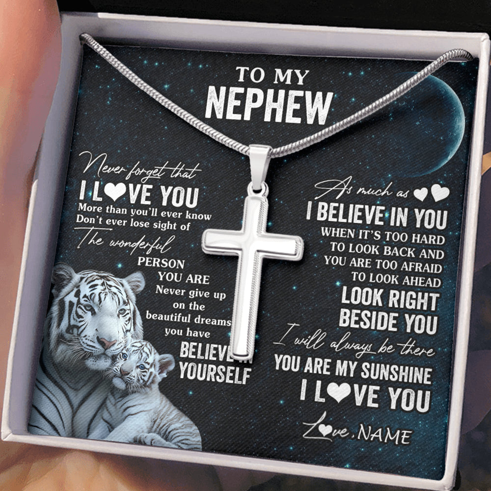 Stainless Cross Necklace Stainless Steel | 2 | Personalized To My Nephew Necklace From Aunt Uncle Never Forget I Love You White Tiger Nephew Birthday Graduation Christmas Customized Gift Box Message Card | teecentury