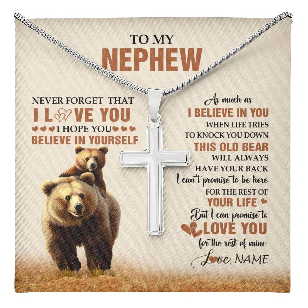 Stainless Cross Necklace Stainless Steel | 1 | Personalized To My Nephew Necklace From Aunt Uncle This Old Bear Love You Nephew Birthday Gifts Graduation Christmas Customized Gift Box Message Card | teecentury
