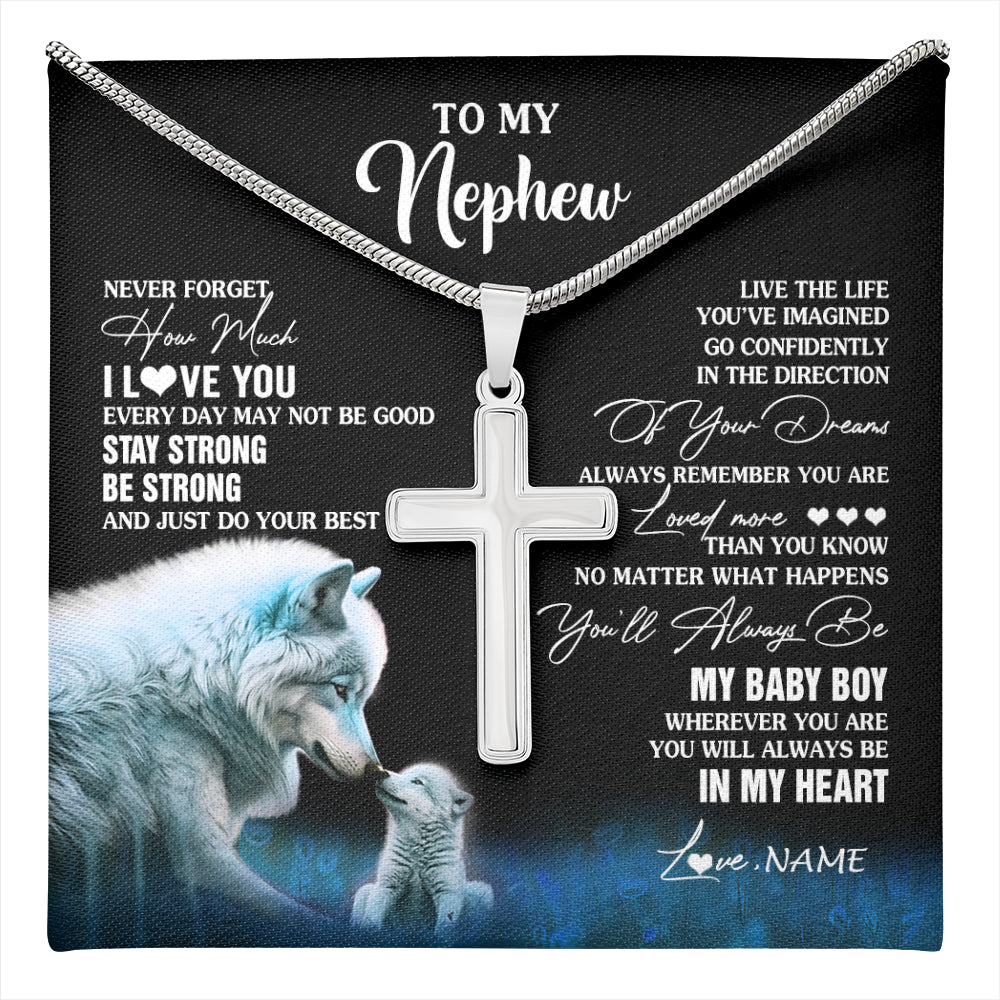 Stainless Cross Necklace Stainless Steel | 1 | Personalized To My Nephew Necklace From Aunt Uncle Wolf Never Forget How Much I Love You Nephew Birthday Gifts Christmas Customized Gift Box Message Card | teecentury