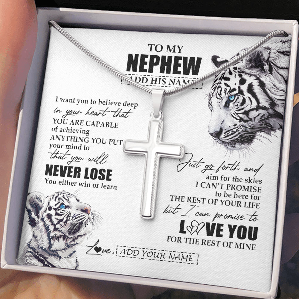 Stainless Cross Necklace Stainless Steel | 2 | Personalized To My Nephew Necklace From Aunt Uncle You Will Never Lose White Tiger Nephew Birthday Gifts Graduation Christmas Customized Gift Box Message Card | teecentury