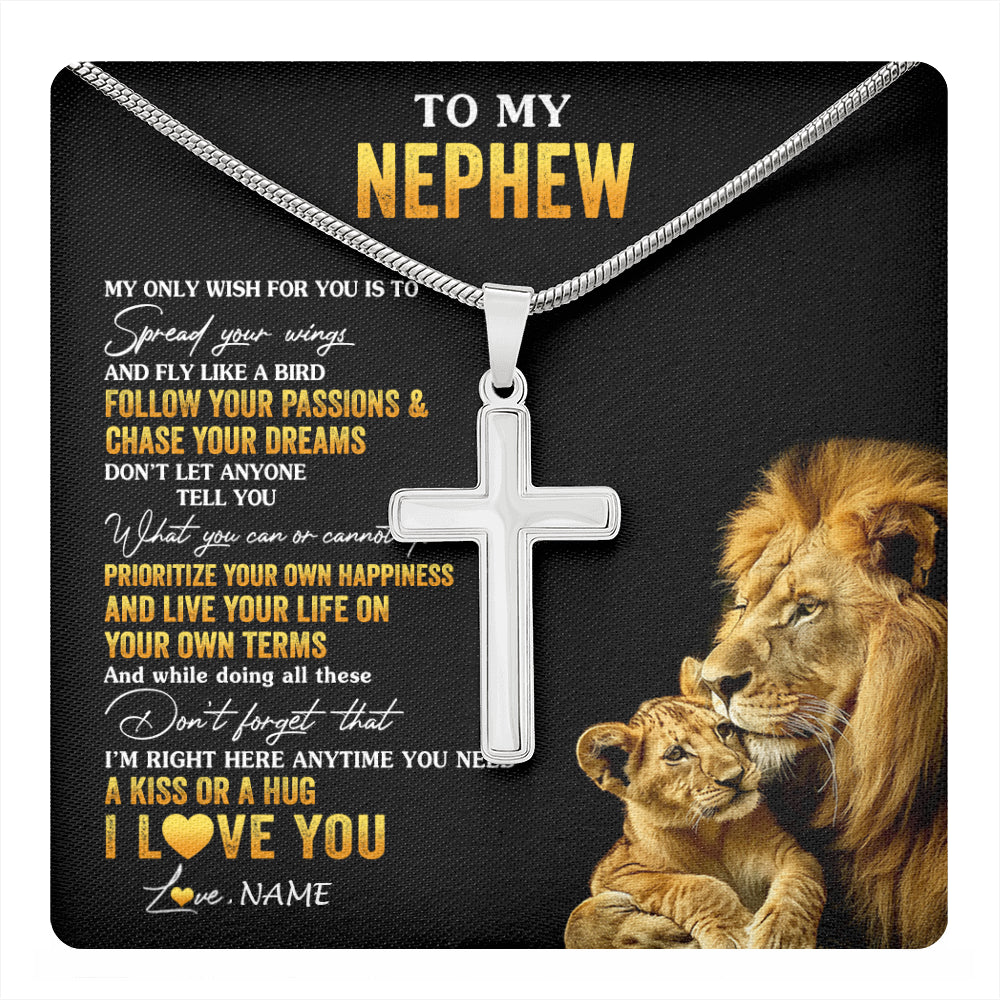 Stainless Cross Necklace Stainless Steel | 1 | Personalized To My Nephew Necklace From Uncle Lion My Only Wish For You Nephew Birthday Graduation Christmas Customized Gift Box Message Card | teecentury
