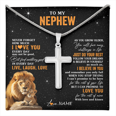 Stainless Cross Necklace Stainless Steel | 1 | Personalized To My Nephew Necklace From Uncle Live Laugh Love Lion Nephew Birthday Gifts Positive Graduation Christmas Customized Gift Box Message Card | teecentury