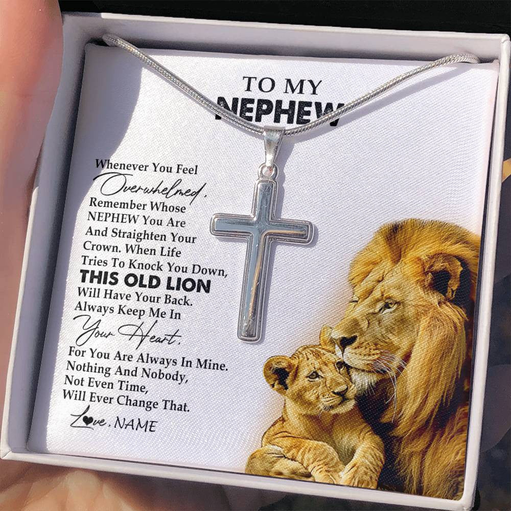 Stainless Cross Necklace Stainless Steel | 2 | Personalized To My Nephew Necklace From Uncle Whenever You Fell Overwhelmed Lion Nephew Jewelry Birthday Graduation Christmas Customized Gift Box Message Card | teecentury