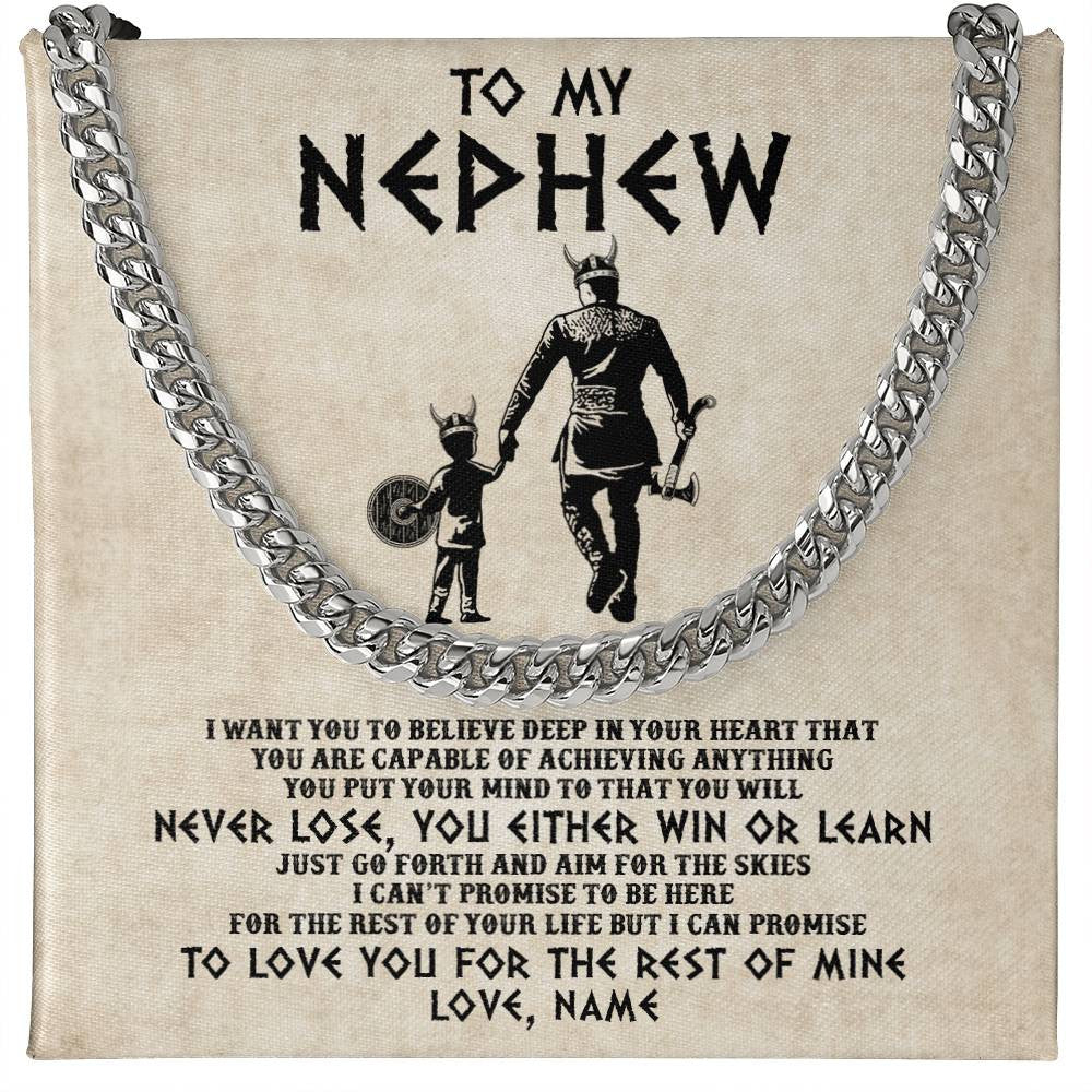 Cuban Link Chain Necklace Stainless Steel | 1 | Personalized To My Nephew Necklace From Uncle You Will Never Lose Viking Nephew Birthday Graduation Thanksgiving Christmas Customized Gift Box Message Card | teecentury