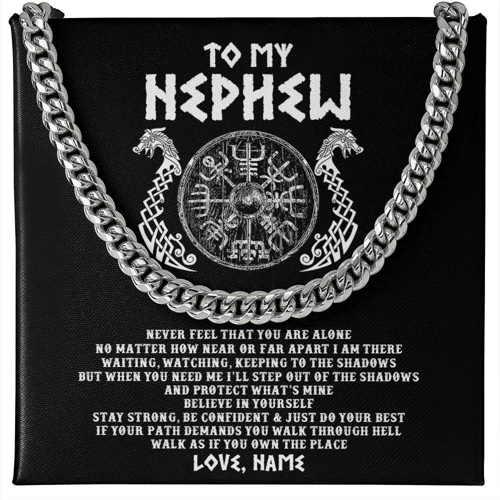Cuban Link Chain Necklace Stainless Steel | 1 | Personalized To My Nephew Necklace Viking Never Feel You Are Alone Odin Scandinavian Norse Runes Nephew Birthday Christmas Customized Gift Message Card | teecentury