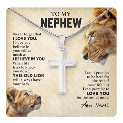 Stainless Cross Necklace Stainless Steel | 1 | Personalized To My Nephew Necklace from Aunt Auntie Never Forget I Love You Lion Nephew Birthday Graduation Christmas Jewelry Customized Gift Box Message Card | teecentury