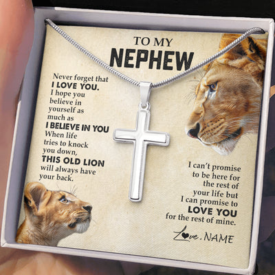 Stainless Cross Necklace Stainless Steel | 2 | Personalized To My Nephew Necklace from Aunt Auntie Never Forget I Love You Lion Nephew Birthday Graduation Christmas Jewelry Customized Gift Box Message Card | teecentury