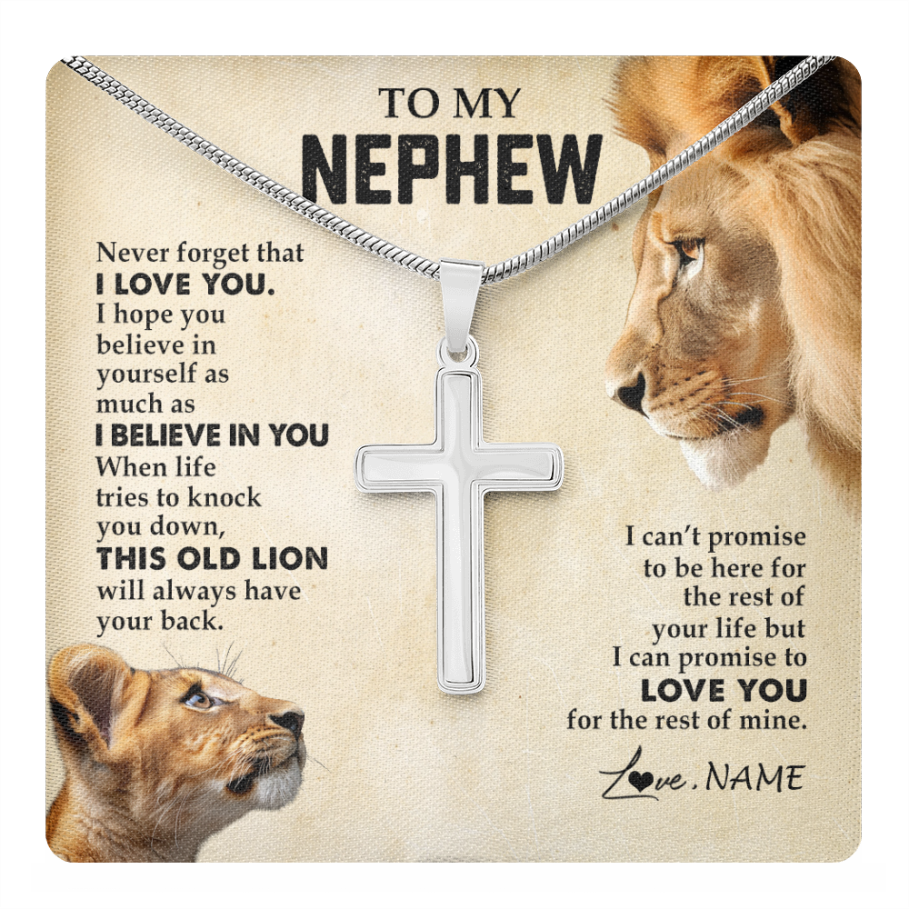 Stainless Cross Necklace Stainless Steel | 1 | Personalized To My Nephew Necklace from Uncle Never Forget I Love You Lion Nephew Birthday Graduation Christmas Jewelry Customized Gift Box Message Card | teecentury