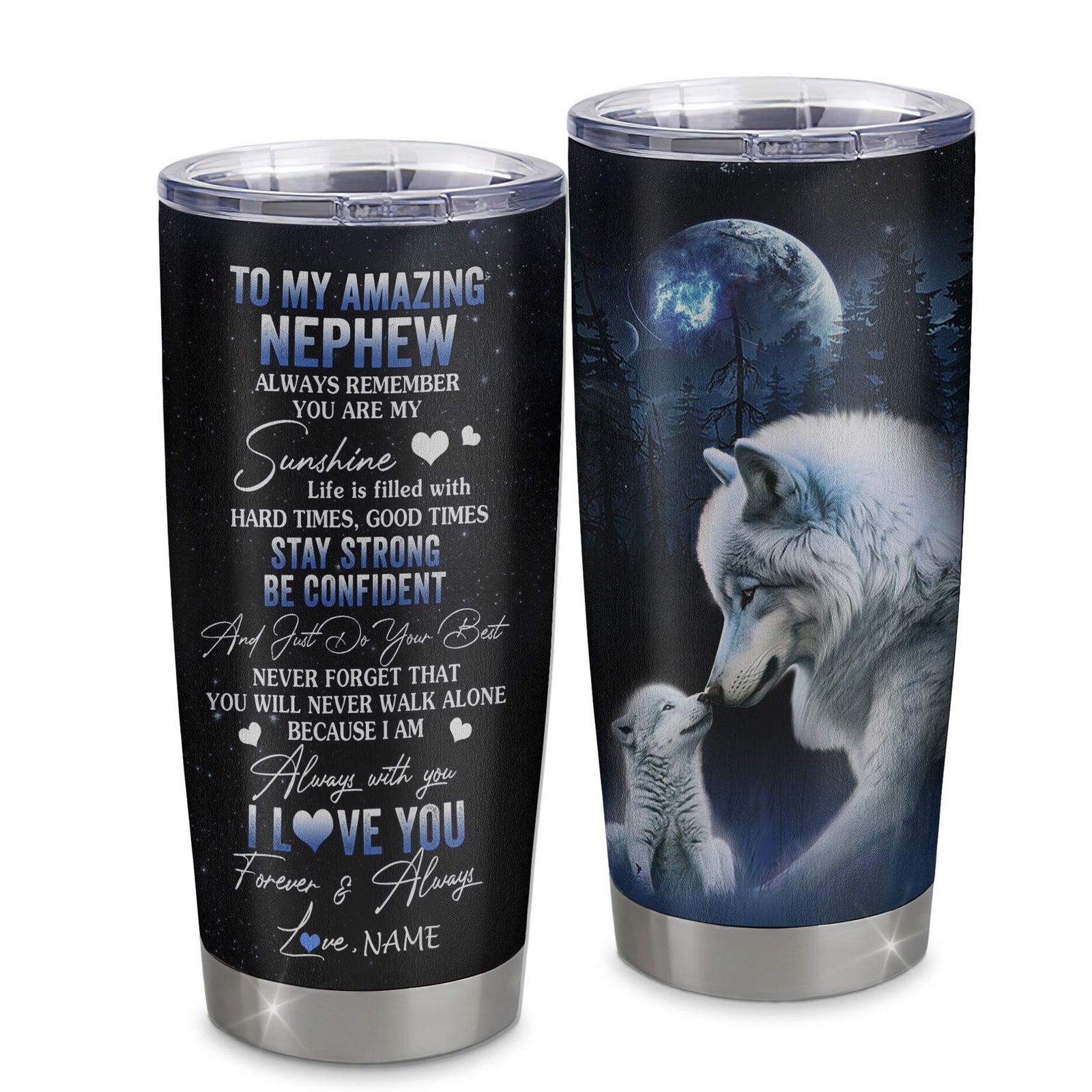 Personalized To My Nephew Tumbler From Aunt Uncle Auntie Stainless Steel Cup Moon Wolf Nephew Birthday Gifts Graduation Christmas Custom Travel Mug | teecentury