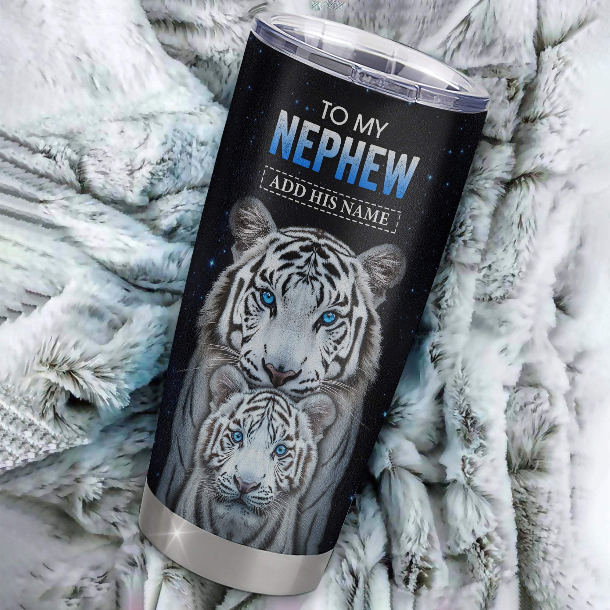 Personalized To My Nephew Tumbler From Aunt Uncle I Close My Eyes White Tiger Birthday Gifts For Nephew Graduation Christmas Custom Stainless Steel Coffee Mug | teecentury