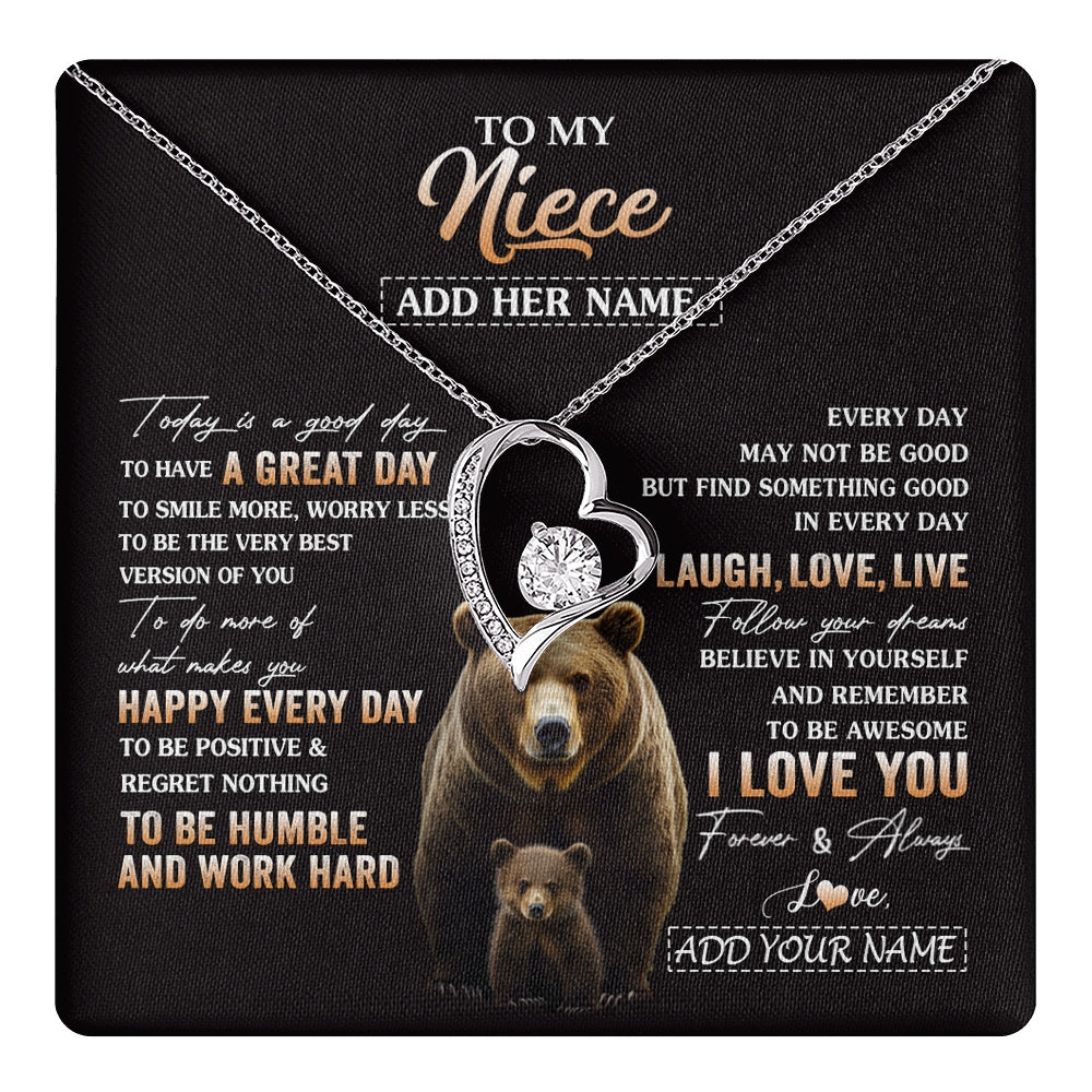 Forever Love Necklace 14K White Gold Finish | 1 | Personalized To My Niece Bear Necklace From Aunt Uncle Auntie Every Day Laugh Love Live Niece Birthday Gifts Graduation Christmas Custom Gift Box Message Card | https://teecentury.