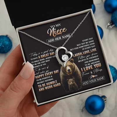 Forever Love Necklace 14K White Gold Finish | 2 | Personalized To My Niece Bear Necklace From Aunt Uncle Auntie Every Day Laugh Love Live Niece Birthday Gifts Graduation Christmas Custom Gift Box Message Card | https://teecentury.