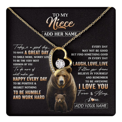 Forever Love Necklace 18K Yellow Gold Finish | 1 | Personalized To My Niece Bear Necklace From Aunt Uncle Auntie Every Day Laugh Love Live Niece Birthday Gifts Graduation Christmas Custom Gift Box Message Card | https://teecentury.