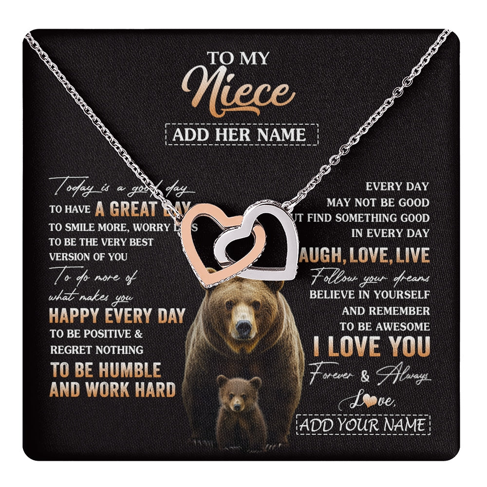 Interlocking Hearts Necklace Stainless Steel & Rose Gold Finish | 1 | Personalized To My Niece Bear Necklace From Aunt Uncle Auntie Every Day Laugh Love Live Niece Birthday Gifts Graduation Christmas Custom Gift Box Message Card | https://teecentury.