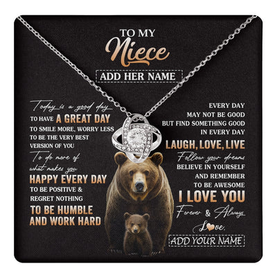 Love Knot Necklace 14K White Gold Finish | 1 | Personalized To My Niece Bear Necklace From Aunt Uncle Auntie Every Day Laugh Love Live Niece Birthday Gifts Graduation Christmas Custom Gift Box Message Card | https://teecentury.
