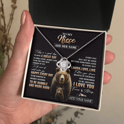 Love Knot Necklace 14K White Gold Finish | 2 | Personalized To My Niece Bear Necklace From Aunt Uncle Auntie Every Day Laugh Love Live Niece Birthday Gifts Graduation Christmas Custom Gift Box Message Card | https://teecentury.