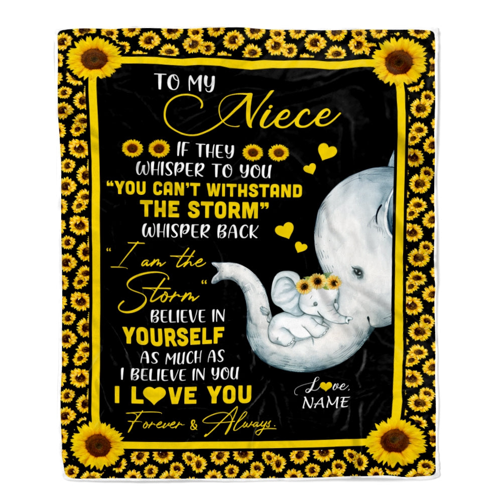 Personalized To My Niece Blanket From Aunt Auntie I Am The Storm Big Hug Sunflower Elephant Niece Birthday Christmas Customized Bed Fleece Blanket Blanket | Teecentury.com