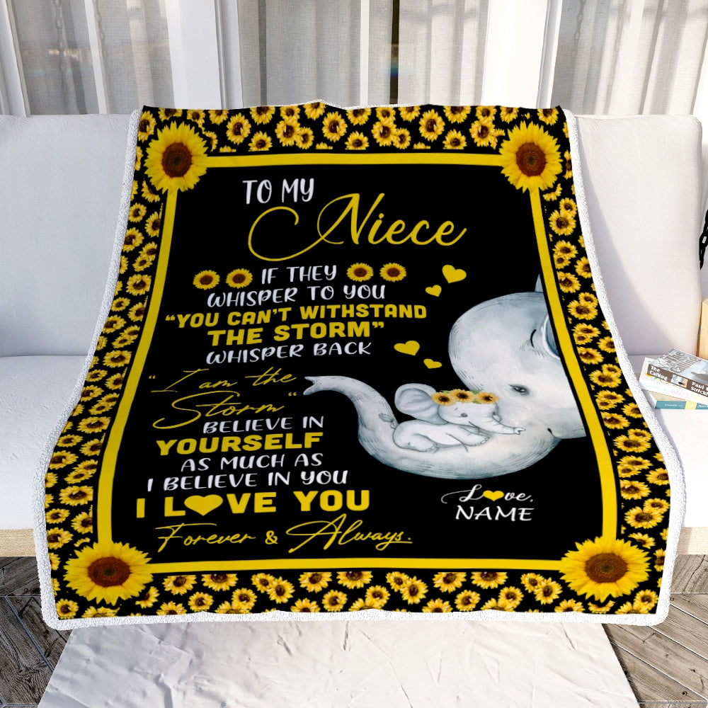 Personalized To My Niece Blanket From Aunt Auntie I Am The Storm Big Hug Sunflower Elephant Niece Birthday Christmas Customized Bed Fleece Blanket Blanket | Teecentury.com