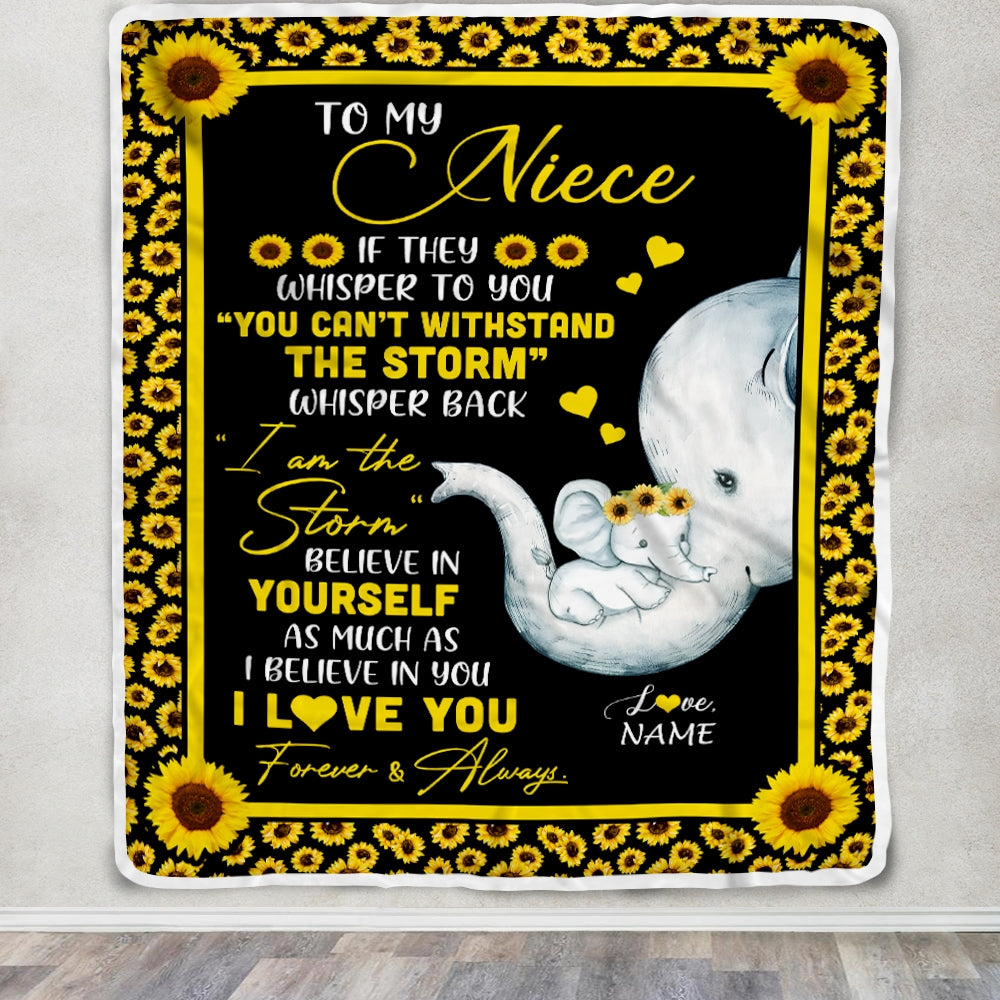 Personalized To My Niece Blanket From Aunt Auntie I Am The Storm Big Hug Sunflower Elephant Niece Birthday Christmas Customized Bed Fleece Blanket Blanket | Teecentury.com
