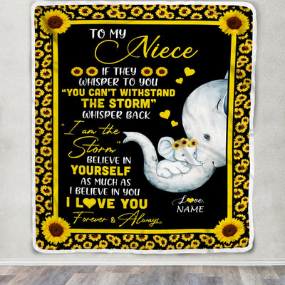 Personalized To My Niece Blanket From Aunt Auntie I Am The Storm Big Hug Sunflower Elephant Niece Birthday Christmas Customized Bed Fleece Blanket Blanket | Teecentury.com