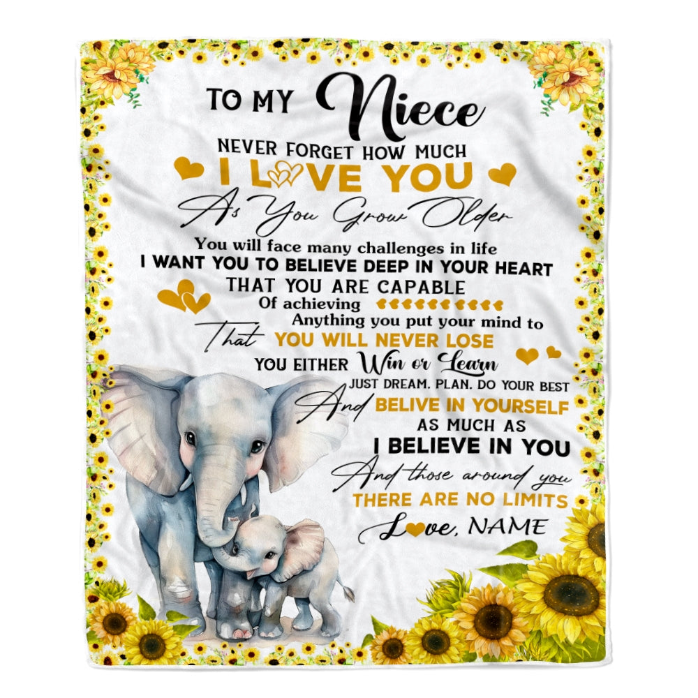 Personalized To My Niece Blanket From Aunt Auntie Never Forget I Love You Sunflower Elephant Niece Birthday Christmas Customized Bed Fleece Throw Blanket | teecentury