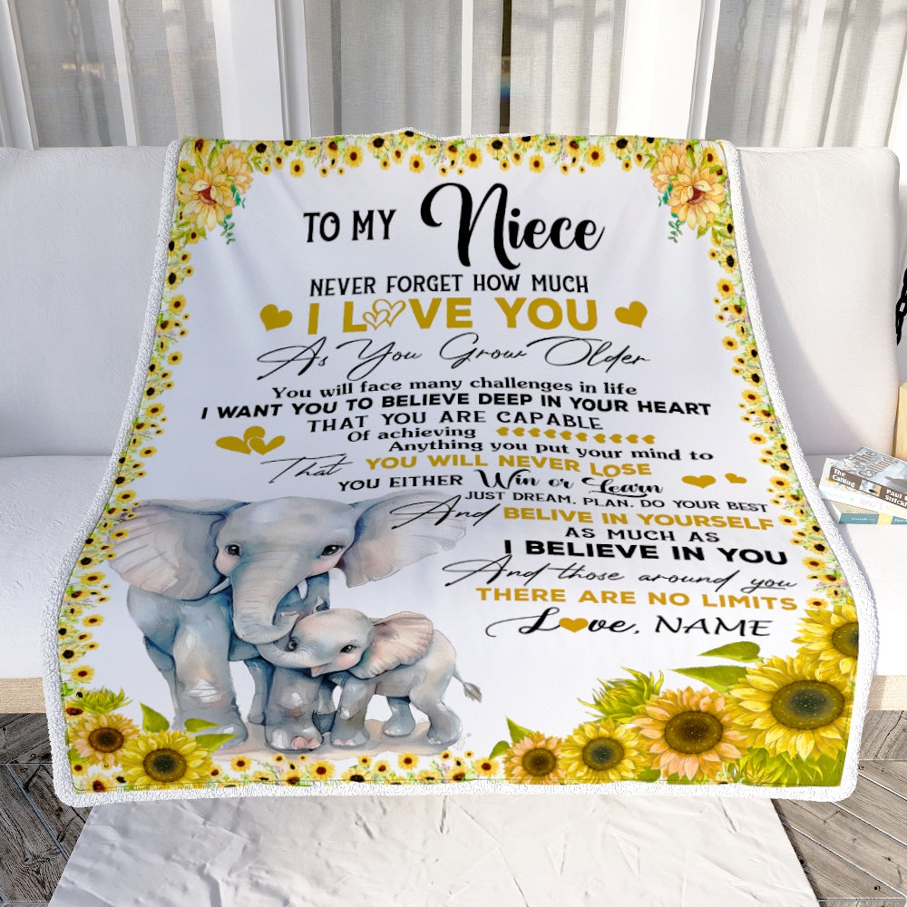 Personalized To My Niece Blanket From Aunt Auntie Never Forget I Love You Sunflower Elephant Niece Birthday Christmas Customized Bed Fleece Throw Blanket | teecentury