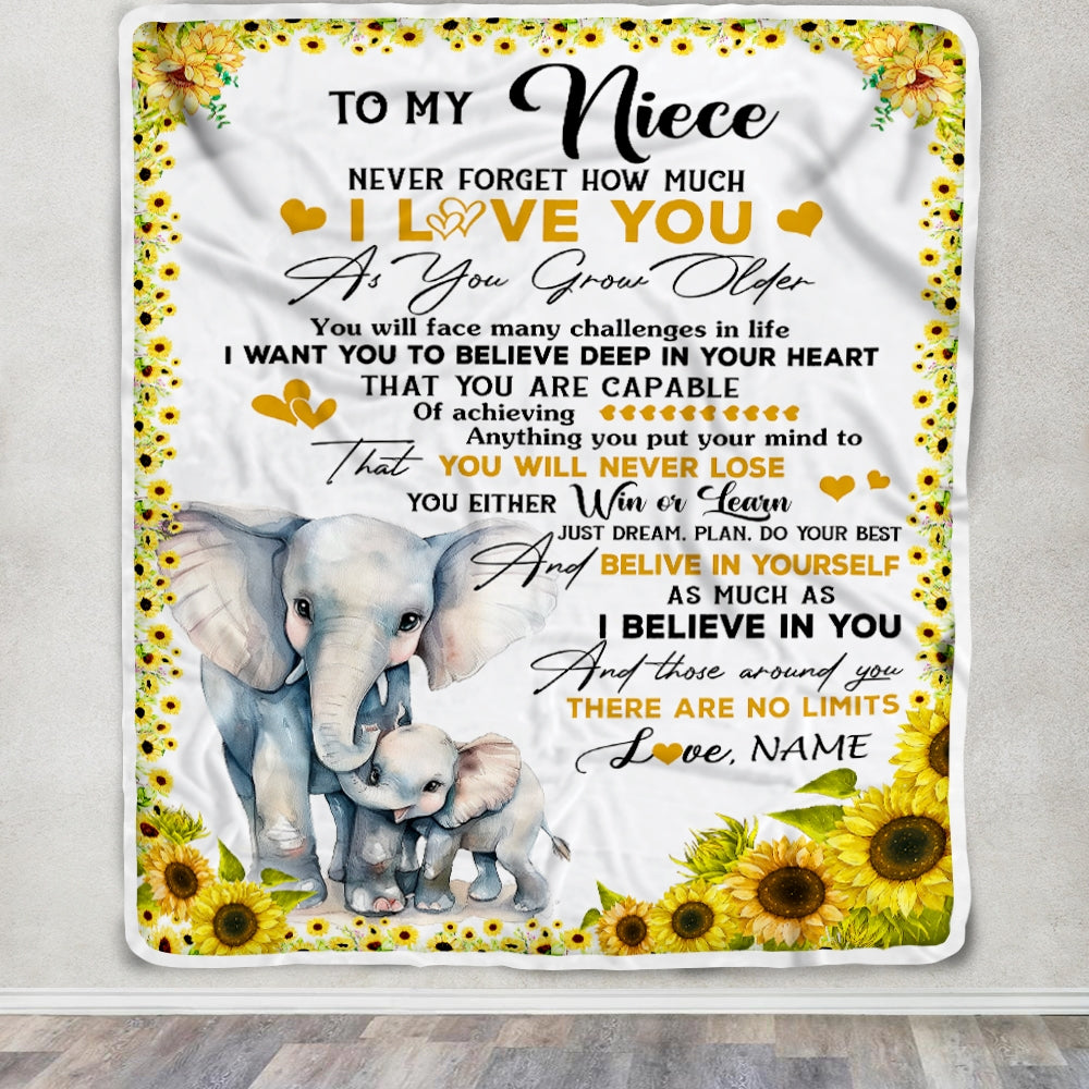 Personalized To My Niece Blanket From Aunt Auntie Never Forget I Love You Sunflower Elephant Niece Birthday Christmas Customized Bed Fleece Throw Blanket | teecentury