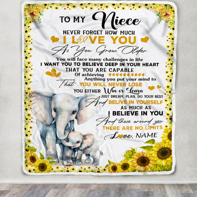 Personalized To My Niece Blanket From Aunt Auntie Never Forget I Love You Sunflower Elephant Niece Birthday Christmas Customized Bed Fleece Throw Blanket | teecentury