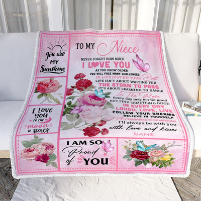 Personalized To My Niece Blanket From Aunt Auntie Uncle Never Forget I Love You Pink Butterfly Niece Birthday Christmas Customized Bed Fleece Throw Blanket | teecentury